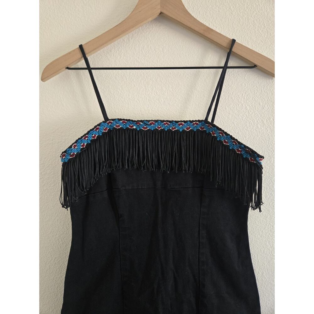 Vintage Y2k Womens Large Black Denim Fringe Beaded Festival Cowgirl Mini Dress - Picture 4 of 13